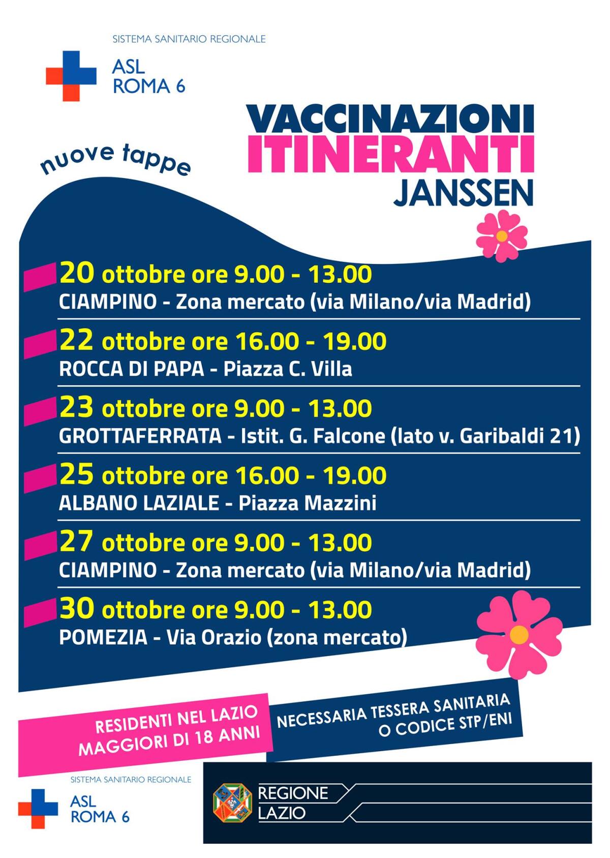 Vaccinazione itineranti della Asl Roma6: fino 30 ottobre tappe anche a Rocca di Papa, Albano e Pomezia. - 