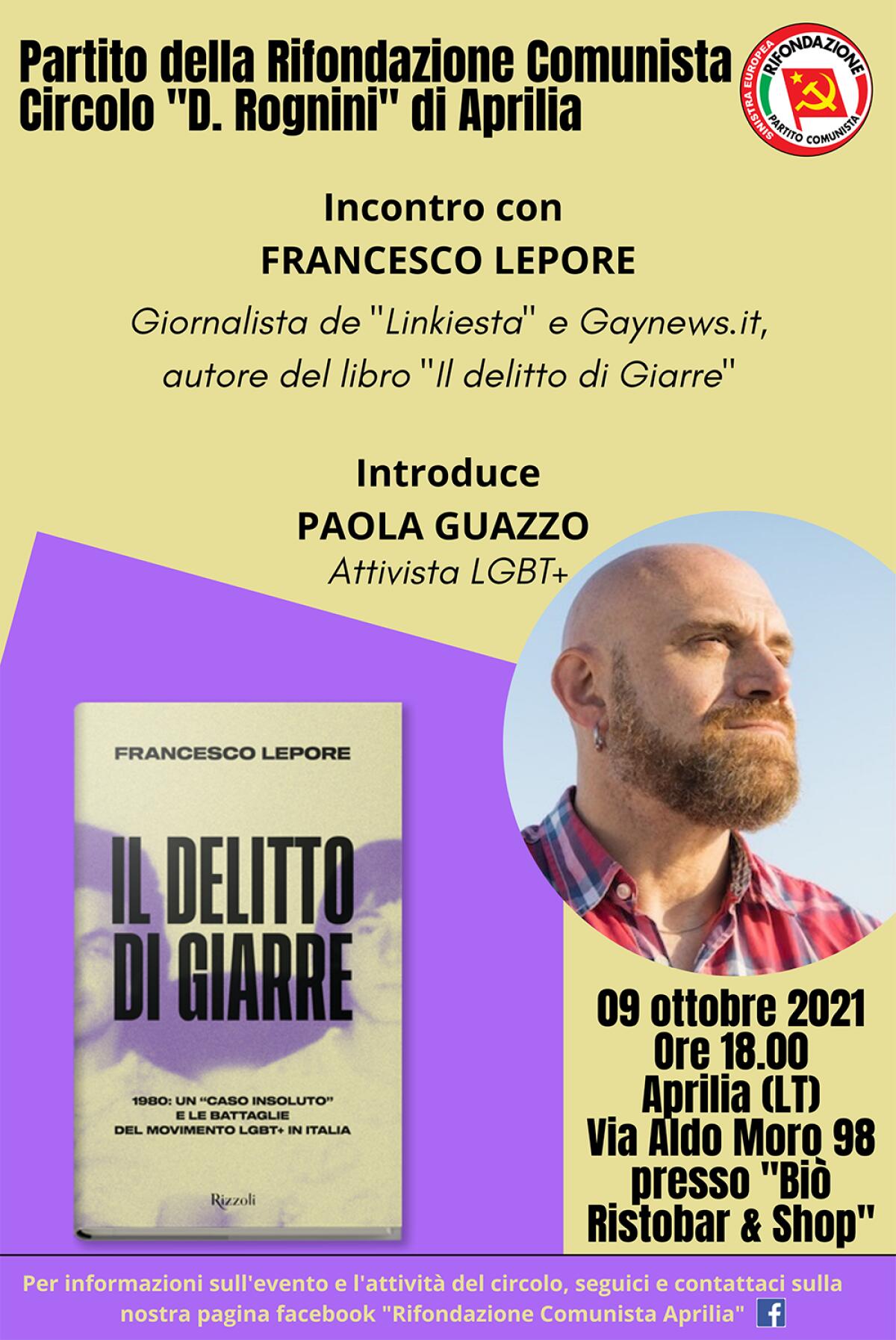 Rivendicazioni Lgbt+ nel nostro Paese: Rifondazione Comunista Aprilia propone la presentazione del libro "Il Delitto di Giarre” di Francesco Lepore. - 