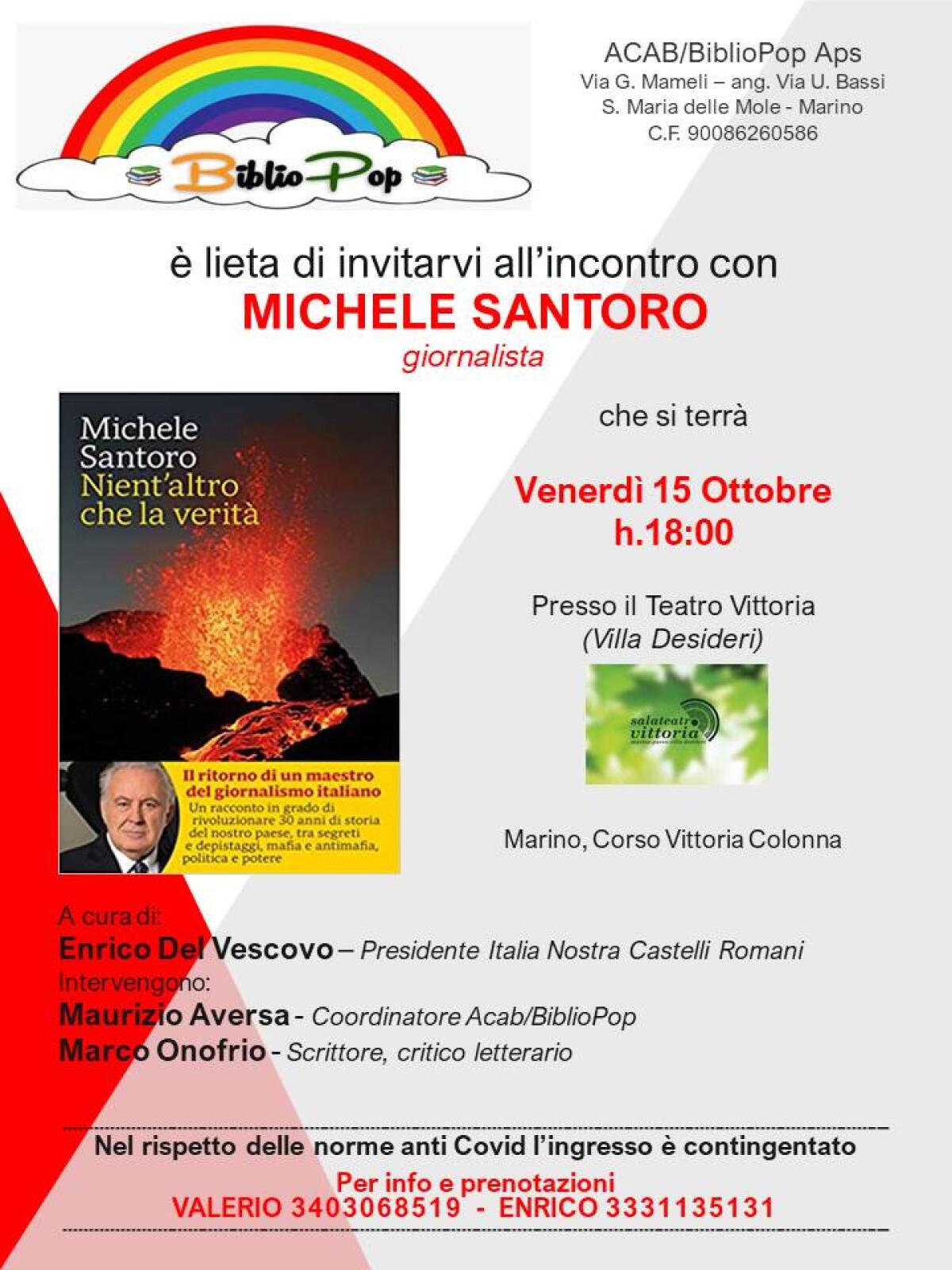 Michele Santoro oggi a Marino per presentare il suo nuovo libro “Nient’altro che la verità”. - 