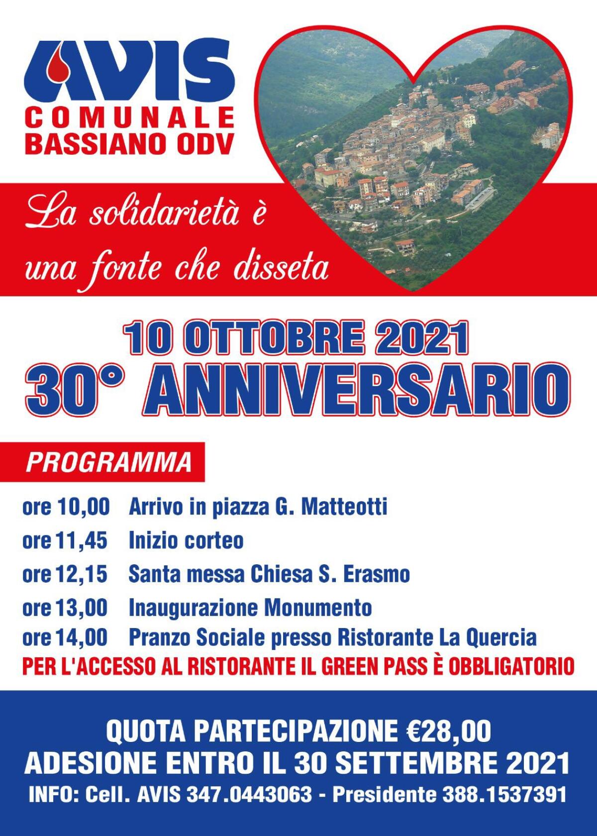 Questa domenica 10 Ottobre a Bassiano si festeggiano i  30 anni di attività dell’Avis comunale. - 