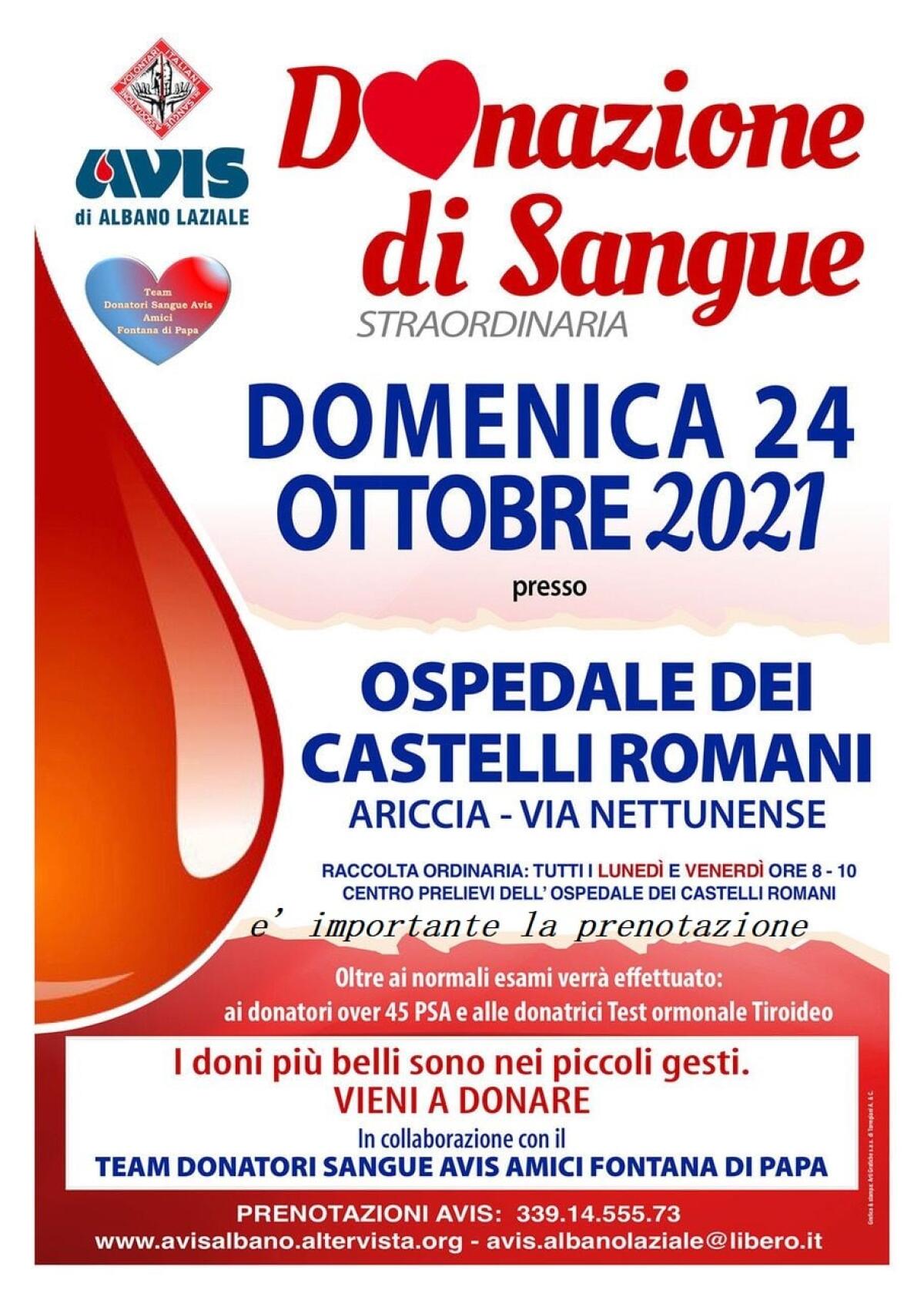Giornata straordinaria di raccolta sangue questa domenica all’Ospedale dei Castelli. - 