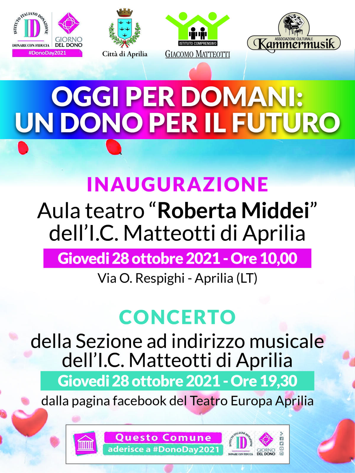 Dall’IC Matteotti di Aprilia giovedì 28 ottobre un evento per il Dono Day nella nuova aula teatro “Roberta Middei” - 