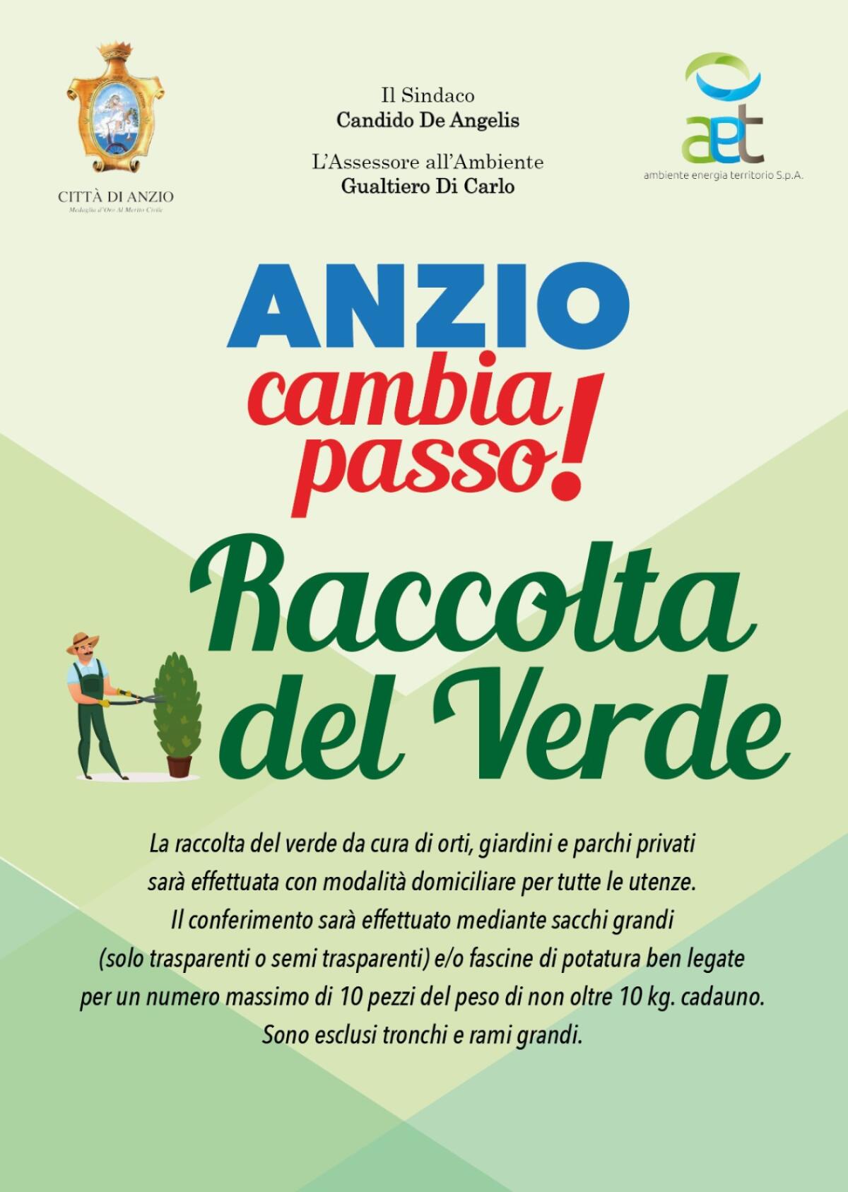 Da questo mercoledì  al via ad Anzio il servizio di raccolta differenziata del verde e delle potature: si parte dalla zona 5 Pocacqua - Falasche nord - 