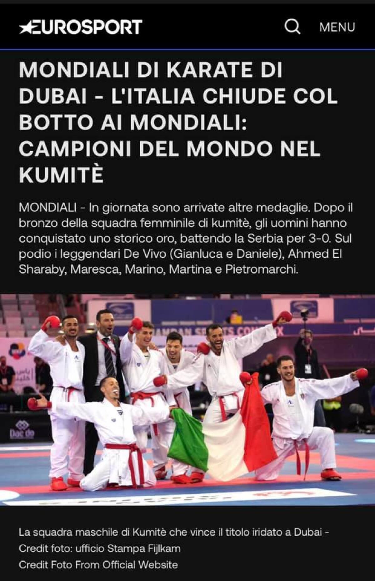 MONDIALI DI KARATE DI DUBAI - L'ITALIA CAMPIONE DEL MONDO NEL KUMITE, LA SQUADRA TRASCINATA DA SIMONE MARINO - 