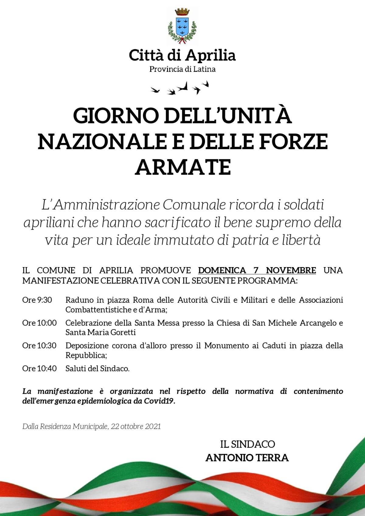 Giornata dell'Unità Nazionale e delle Forze Armate: ad Aprilia la cerimonia questa domenica 7 Novembre. - 