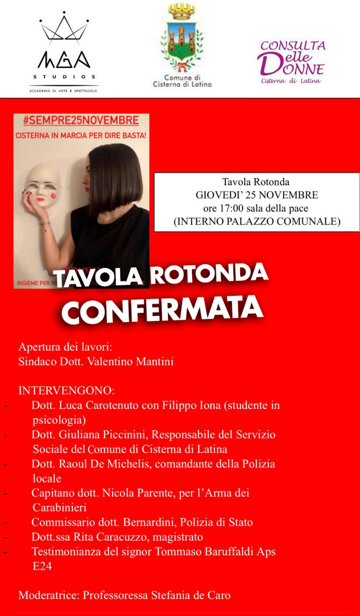 #25novembre: a Cisterna corteo rinviato causa maltempo, confermata la Tavola Rotonda oggi pomeriggio nel Palazzo Comunale. - 