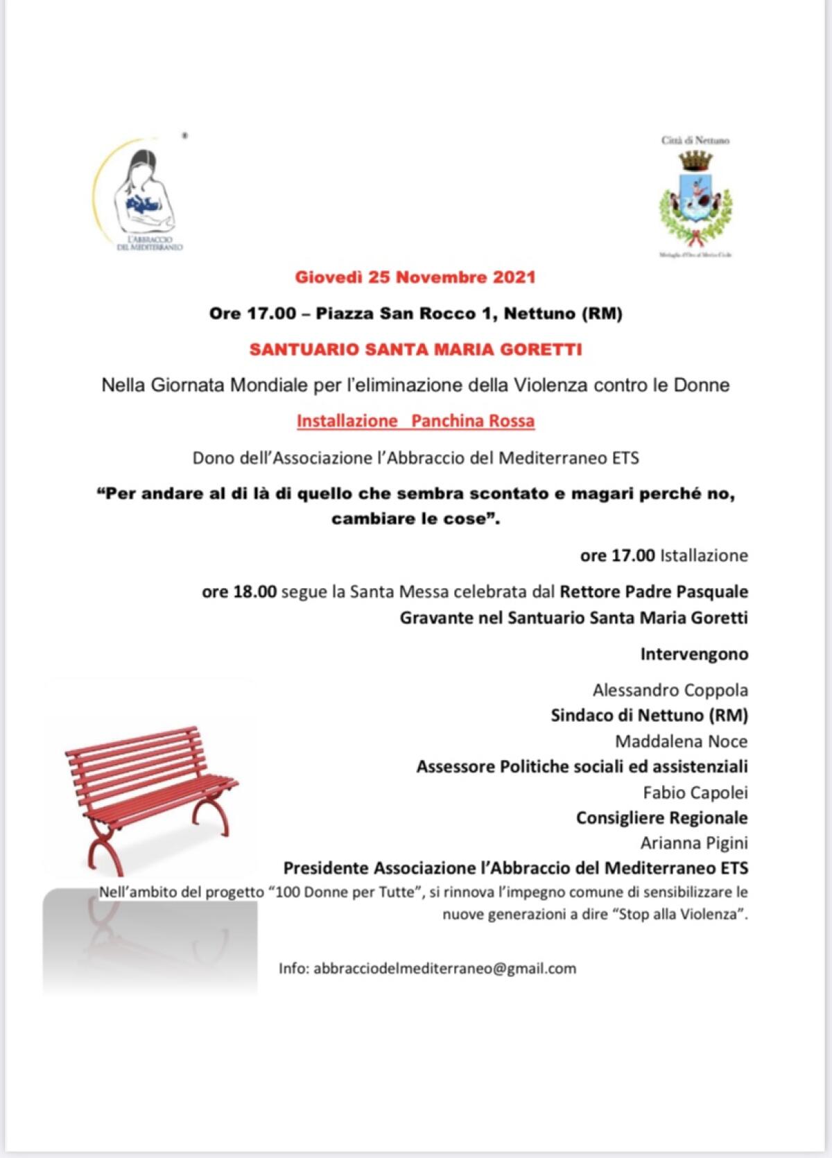 Una panchina rossa in piazzale San Rocco a Nettuno contro la violenza sulle donne - 