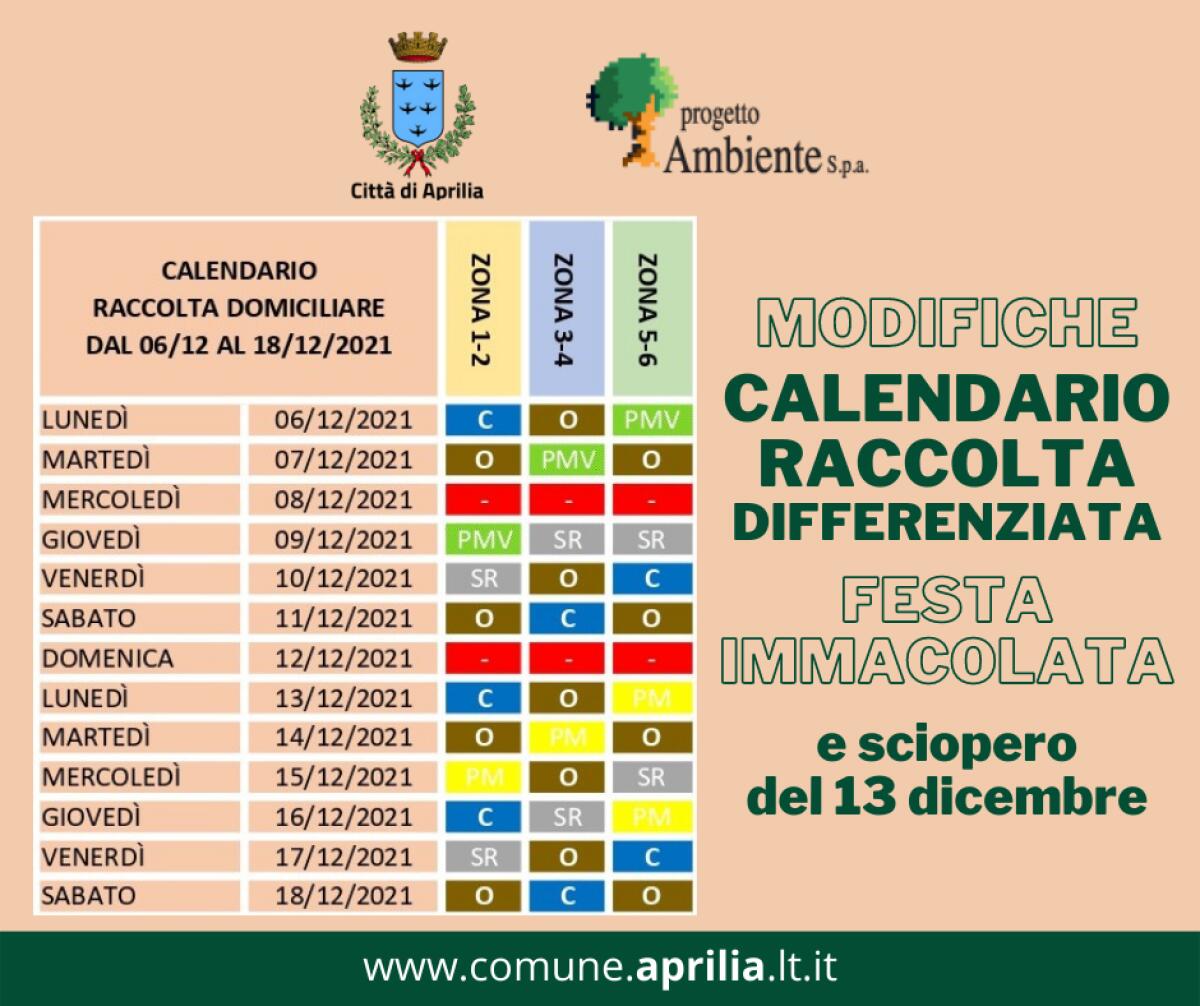 Variazioni al calendario della differenziata ad Aprilia: nessun ritiro l’8 Dicembre. Lunedì 13, invece, possibili disagi per uno sciopero del comparto. - 
