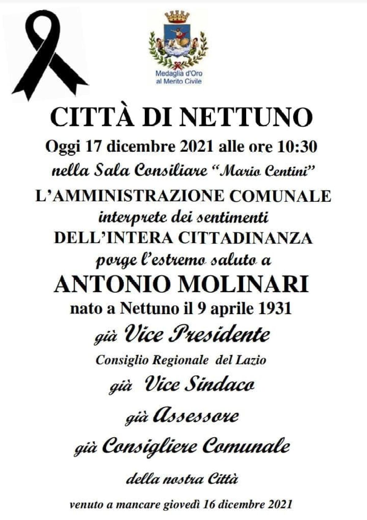 In Sala Consiliare a Nettuno aperta la camera ardente per Tonino Molinari. Oggi alle 15.00 i funerali. - 