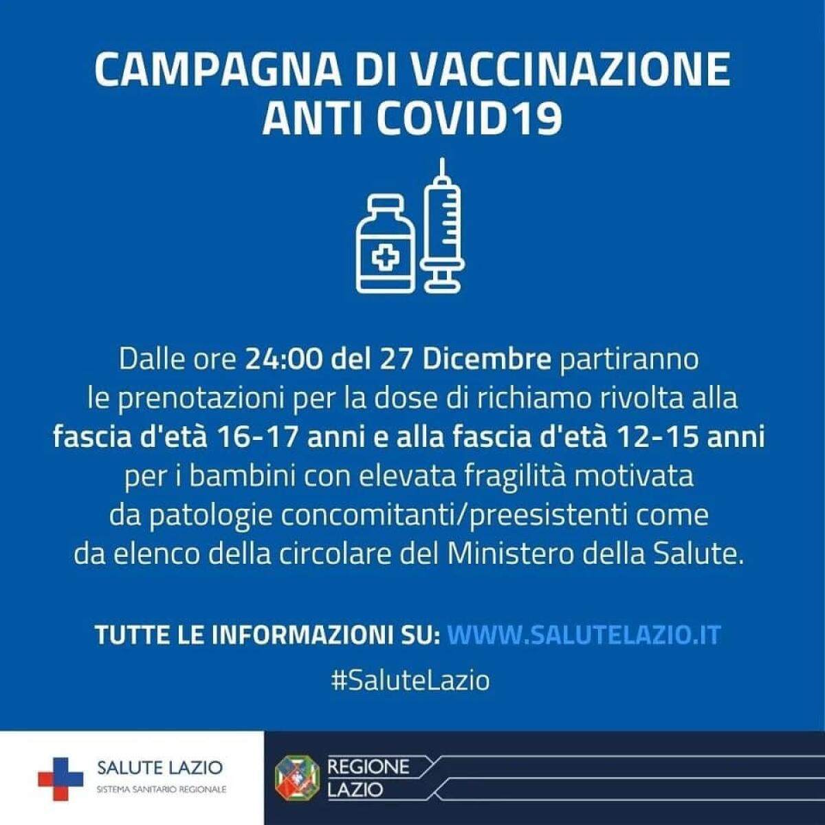 Vaccinazioni anticovid nel Lazio, da stasera prenotazioni al via per i ragazzi di 16-17 anni e per i 12-15enni - 
