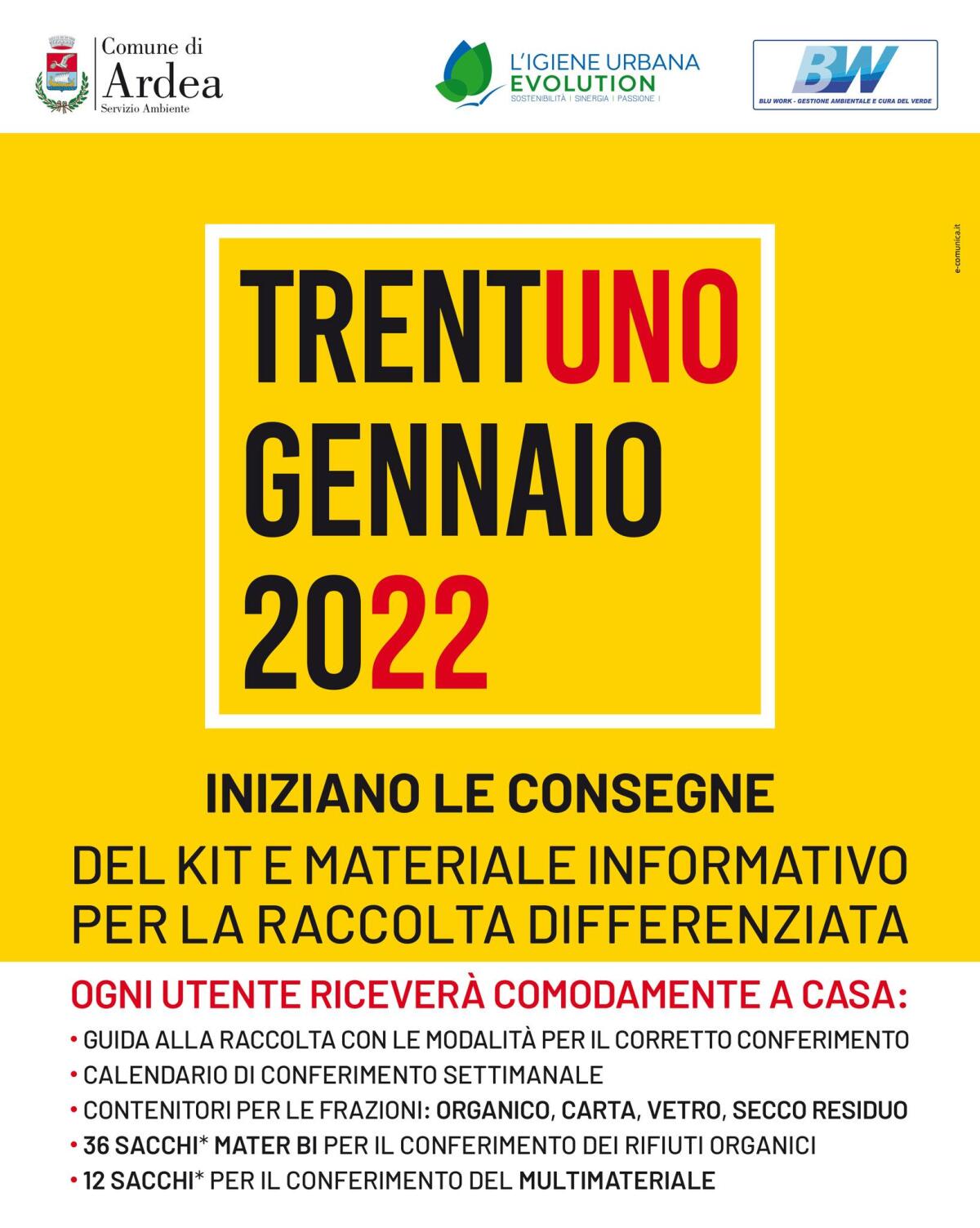 Ardea - Differenziata, si parte: da lunedì 31 gennaio la consegna dei mastelli e delle buste - 
