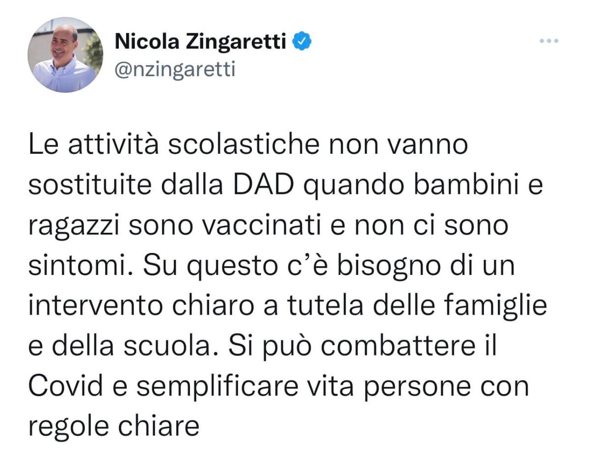 Zingaretti: “con vaccino e senza sintomi le attività scolastiche non vanno sostituite dalla Dad”. - 