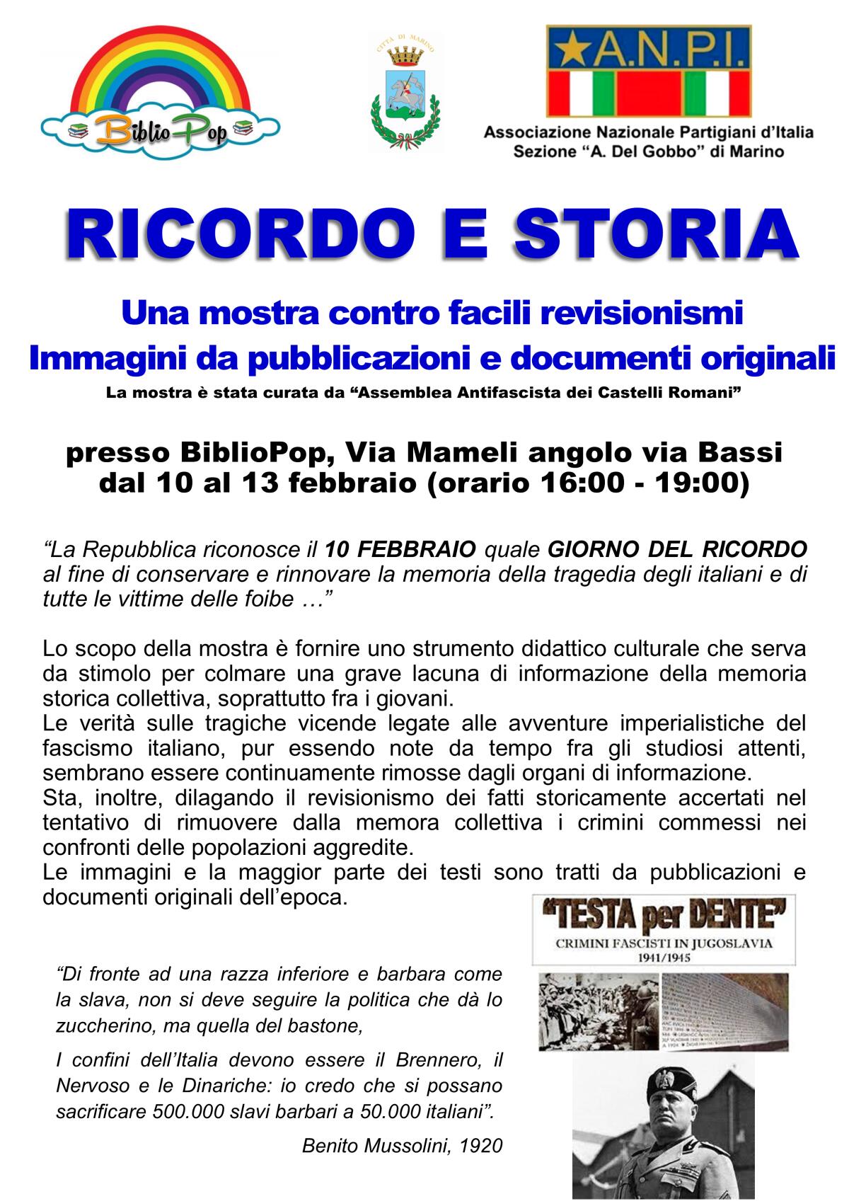 Giorno del Ricordo: a Marino la mostra “Ricordo e Storia” a cura dell’“Assemblea Antifascista Castelli Romani”. - 