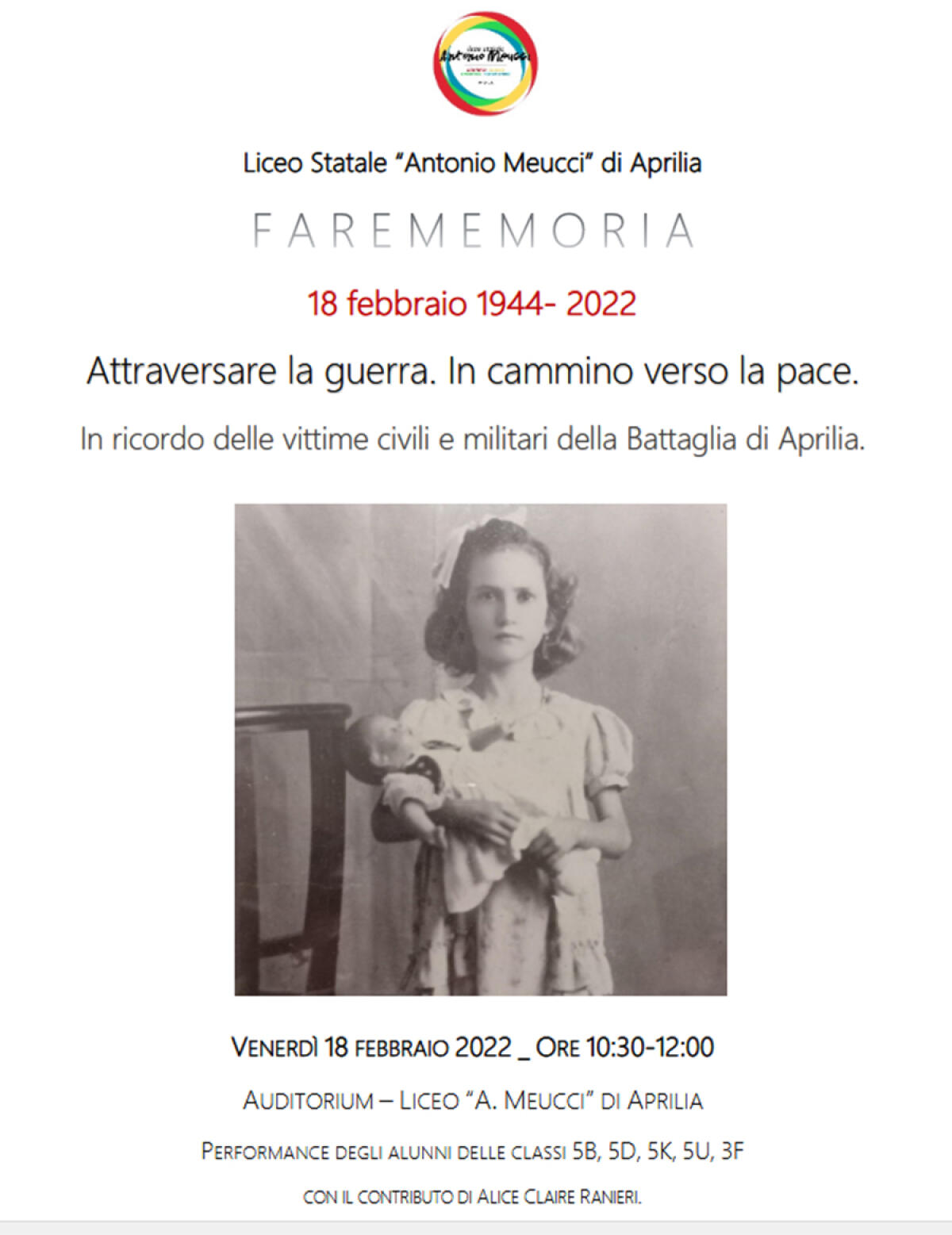 Attraversare la guerra… in cammino               verso la pace. Domani ricordo delle vittime civili e militari della Battaglia di Aprilia al Liceo Meucci - 