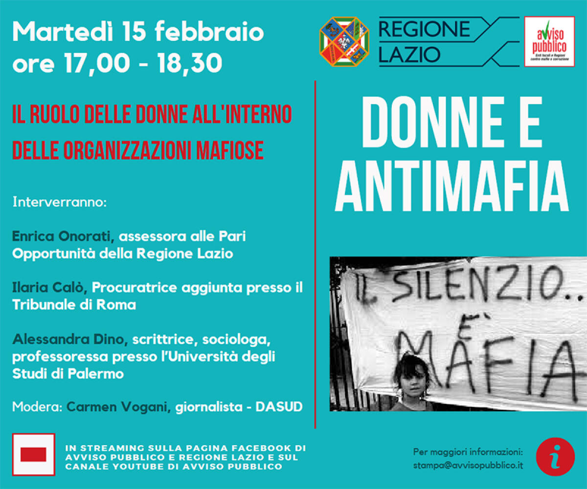 "Le donne all'interno delle organizzazioni mafiose": il 15 febbraio incontro promosso dalla Regione Lazio e da Avviso Pubblico. - 