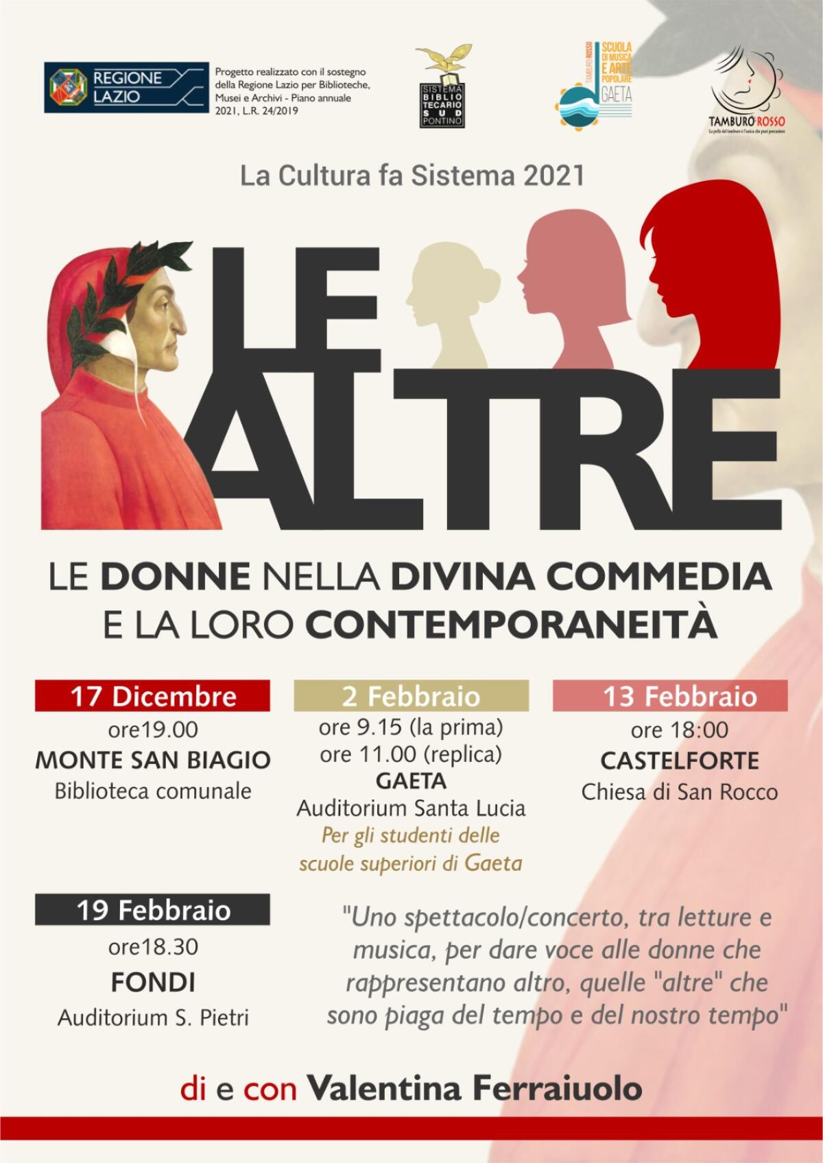 Lo spettacolo “Le Altre - le donne nella Divina Commedia” sabato 19 febbraio in scena a Fondi. - 