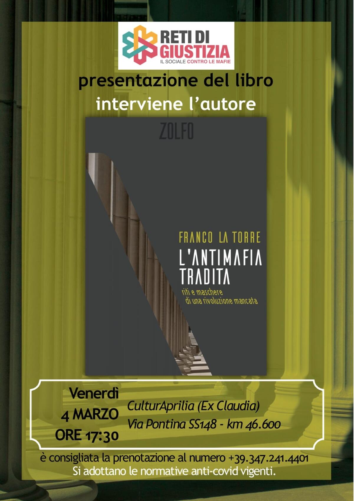 Antimafia, incontro venerdì 4 marzo ad Aprilia con Franco La Torre - 