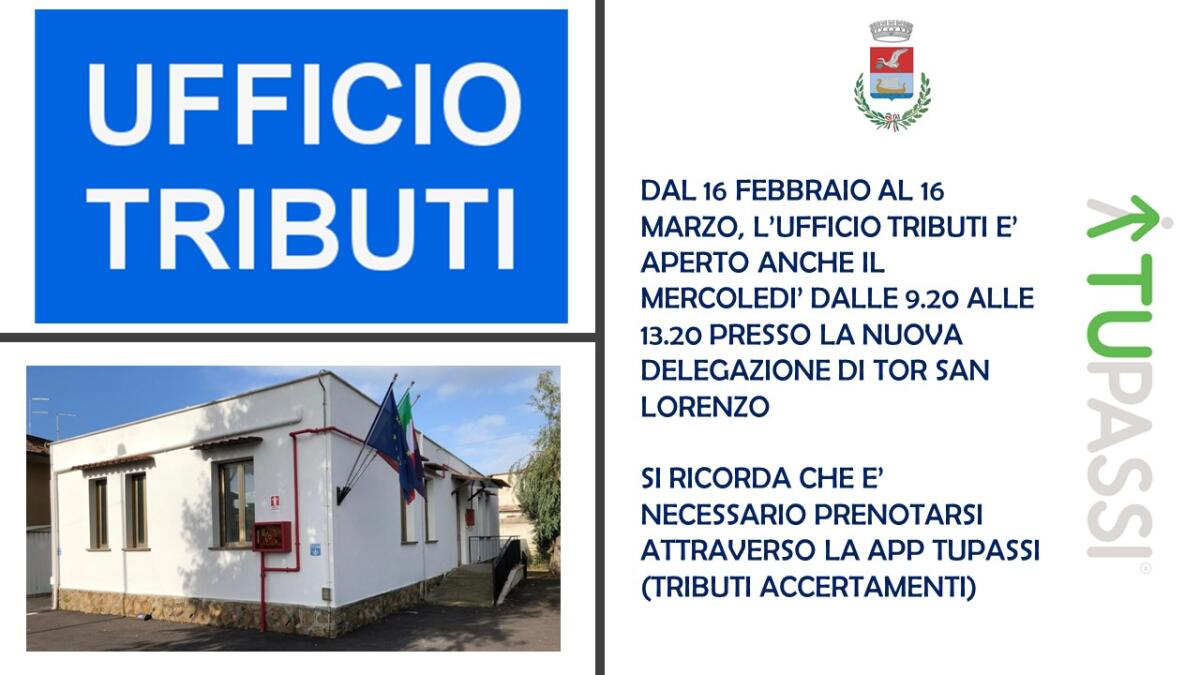 Dal 16 febbraio potenziamento dell’apertura dello Sportello Tributi a Tor San Lorenzo, ad Ardea. - 