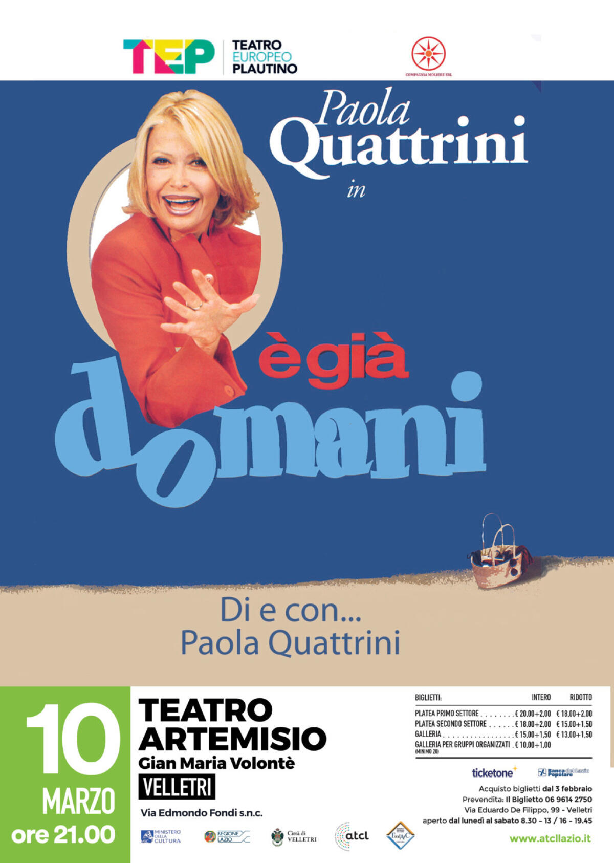 Paola Quattrini in “È già domani” giovedì 10 marzo al Teatro Artemisio-Volonté di Velletri. - 