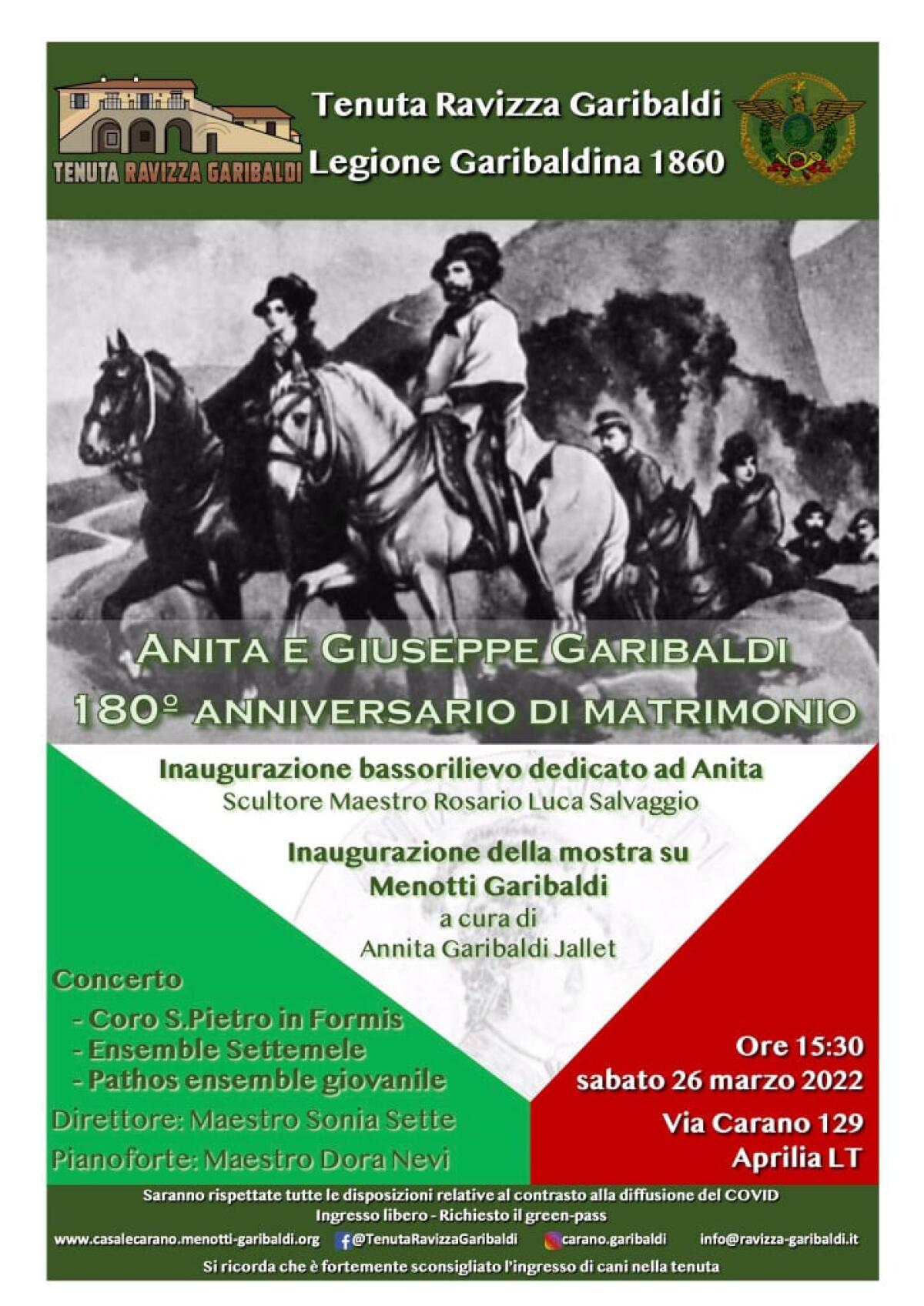Anita e Giuseppe Garibaldi: 180esimo anniversario di matrimonio. Alla tenuta di Carano, ad Aprilia, il 26 Marzo giornata di eventi. - 