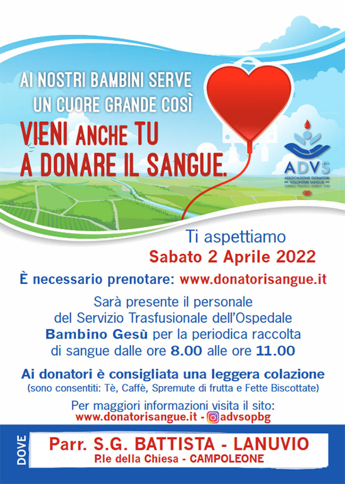 LANUVIO - Giornata di raccolta del sangue sabato 2 aprile davanti alla parrocchia San Giuseppe Battista di Campoleone. - 