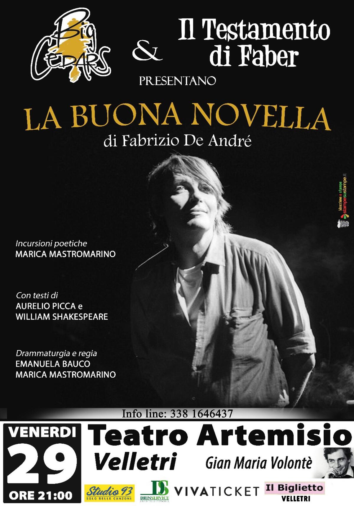 A Velletri appuntamento questo venerdì 29 Aprile con La Buona Novella di Fabrizio De André - 