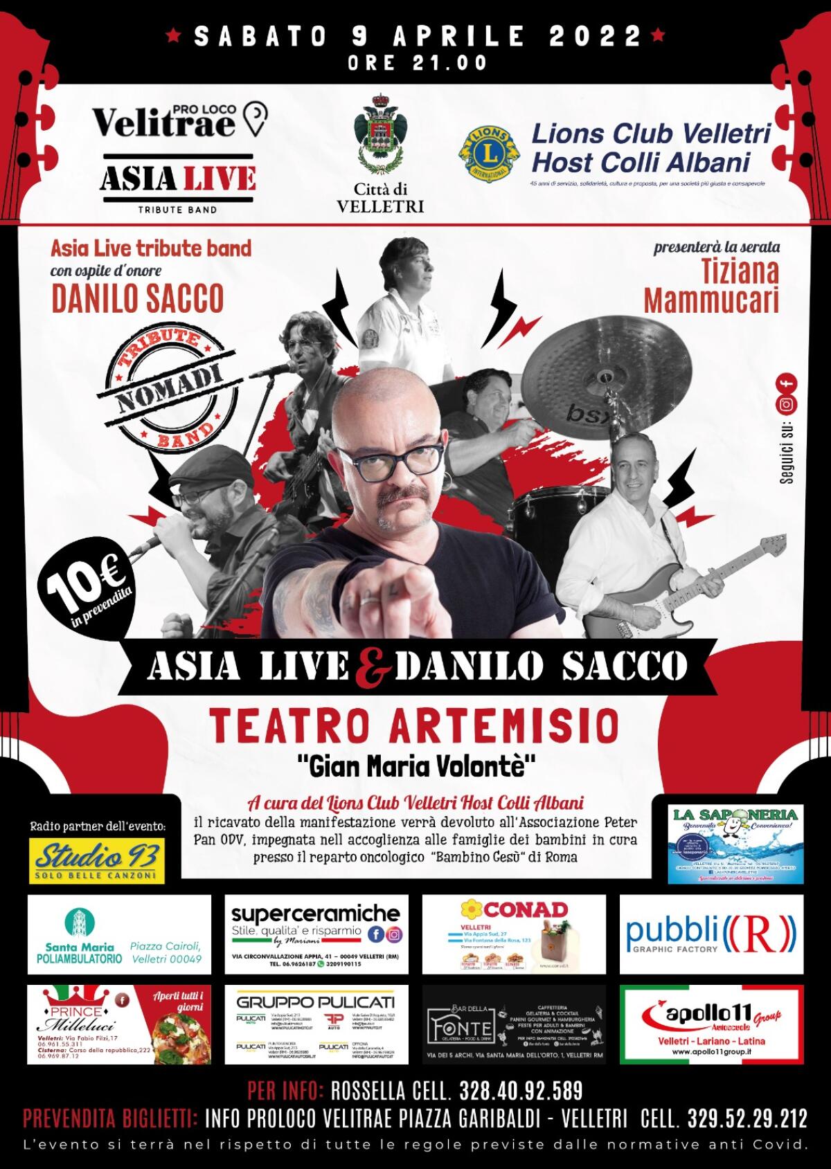 Concerto a favore dell’associazione “Peter Pan” questo sabato al Teatro Artemisio di Velletri. Ospite Danilo Sacco dei Nomadi. - 