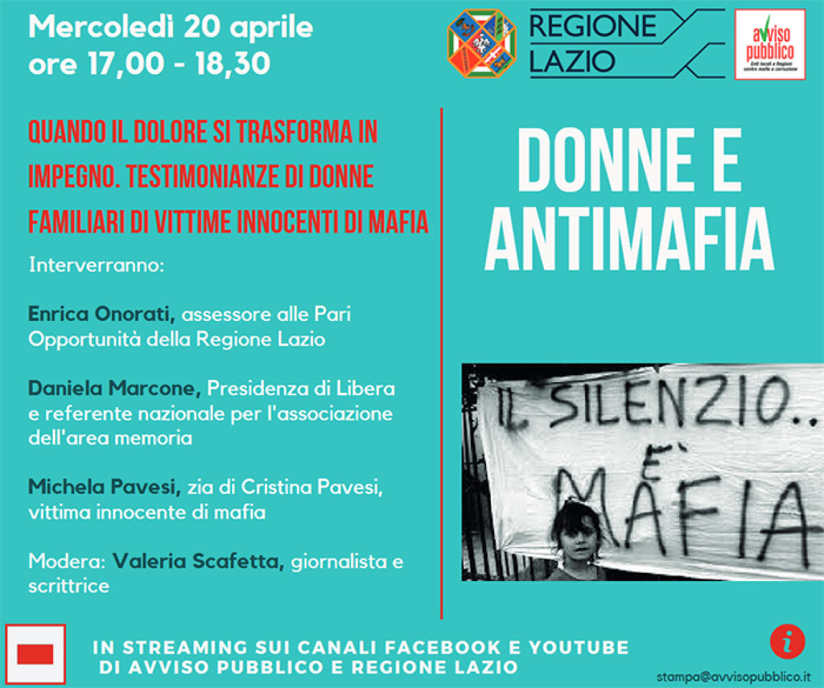 “Testimonianze di donne familiari di vittime innocenti di mafia”: oggi in diretta streaming l’incontro organizzato da Avviso Pubblico e Regione Lazio. - 