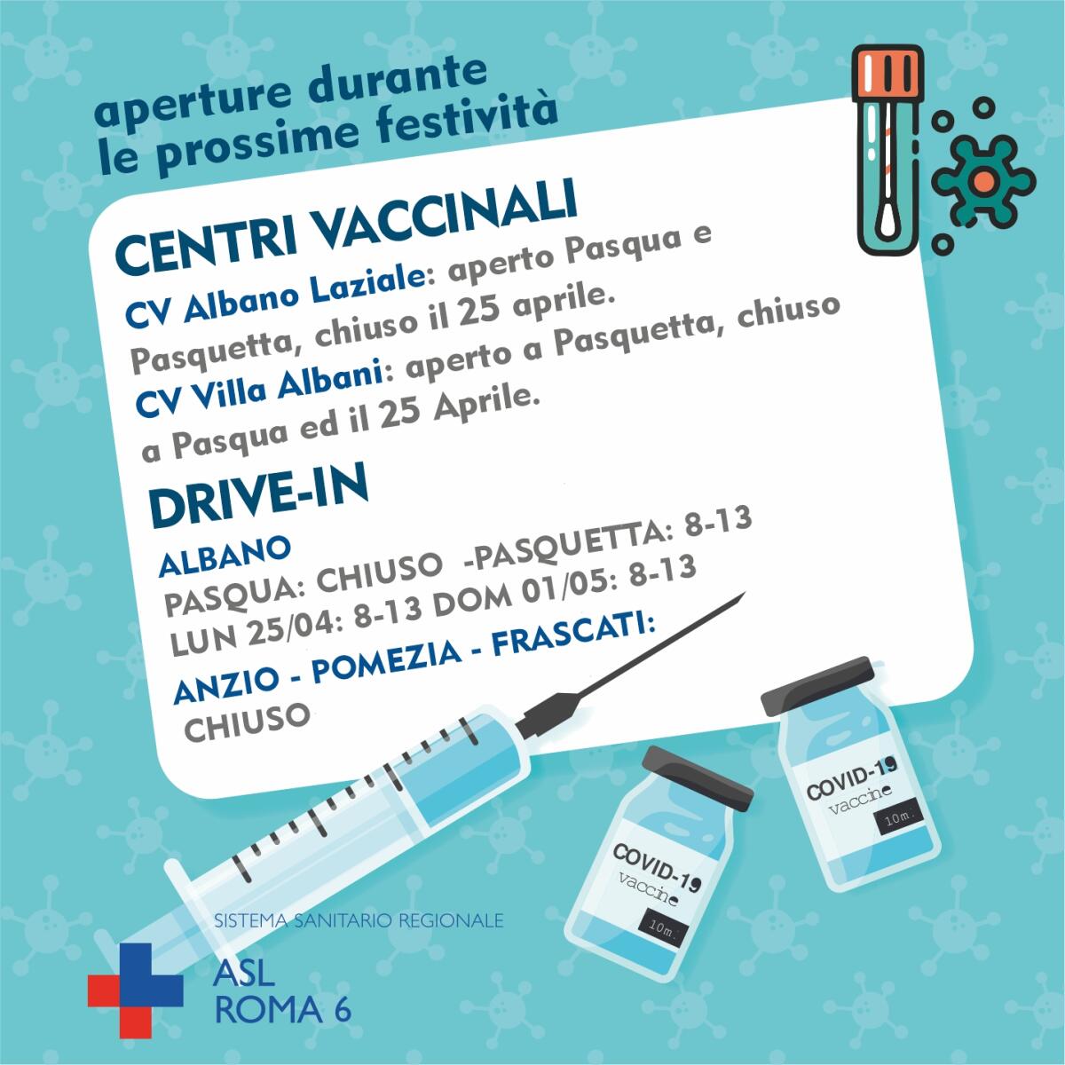 Ecco gli orari e le chiusure dei servizi vaccinali e drive-in della Asl Roma 6 durante le feste di Pasqua. - 