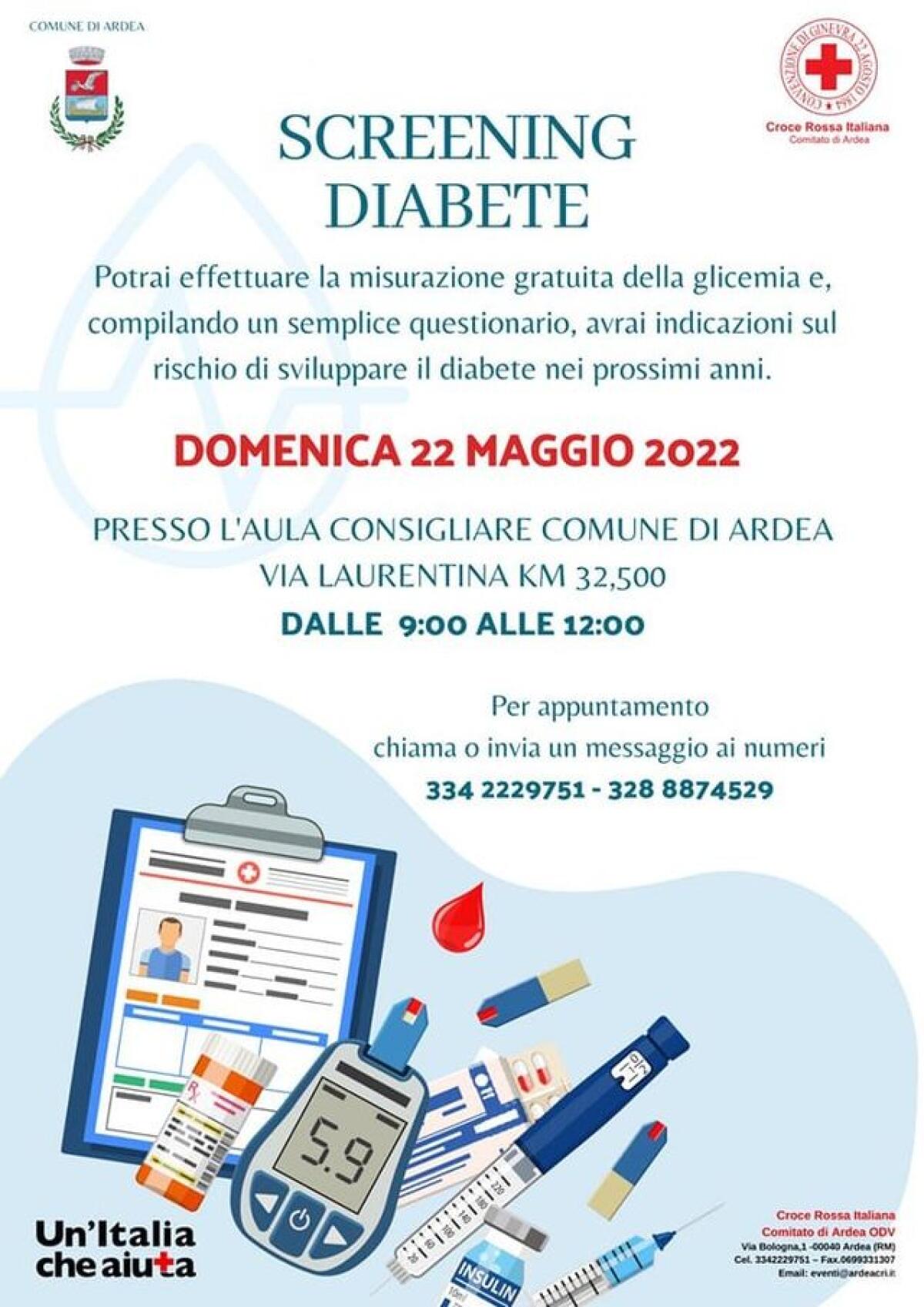 Screening del diabete domenica 22 maggio presso l’Aula Consiliare di Ardea. - 