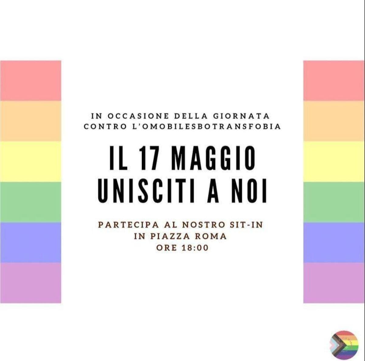 Sit-in in Piazza Roma ad Aprilia questo martedì per la Giornata Mondiale contro l'omofobia, la lesbofobia, la bifobia e la transfobia. - 