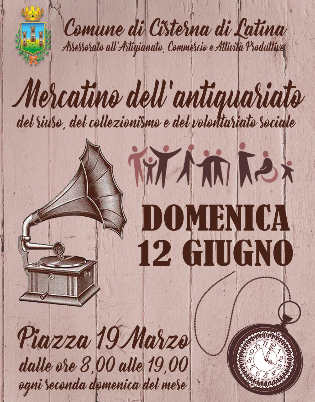 Cisterna - Mercatino dell'antiquariato, del riuso, del collezionismo e del volontariato sociale questa domenica 12 giugno - 