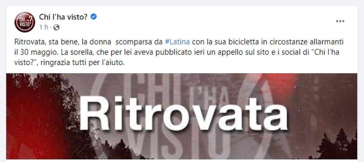 Ritrovata la donna di 47 anni di Latina scomparsa dallo scorso 30 maggio. L’appello dei familiari a “Chi l’ha Visto?”. - 