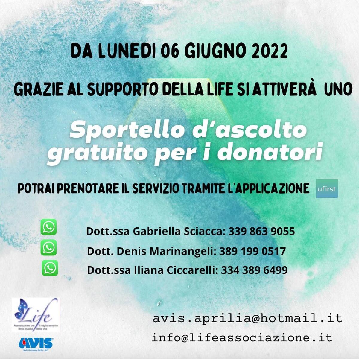 “Sportello di Ascolto”: al via un nuovo progetto che interesserà l’Avis, i donatori di sangue di Aprilia e l’Associazione Life. - 