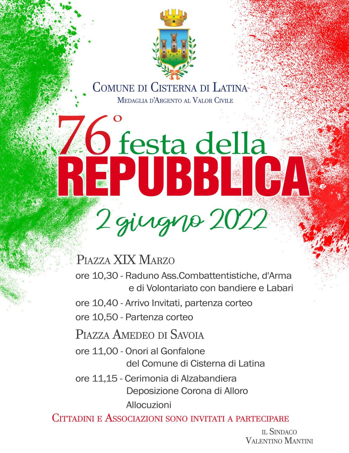 2 giugno - A Cisterna deposizione della corona di alloro al Monumento ai Caduti di tutte le guerre. Conferimento della Medaglia d'onore a due cittadini - 