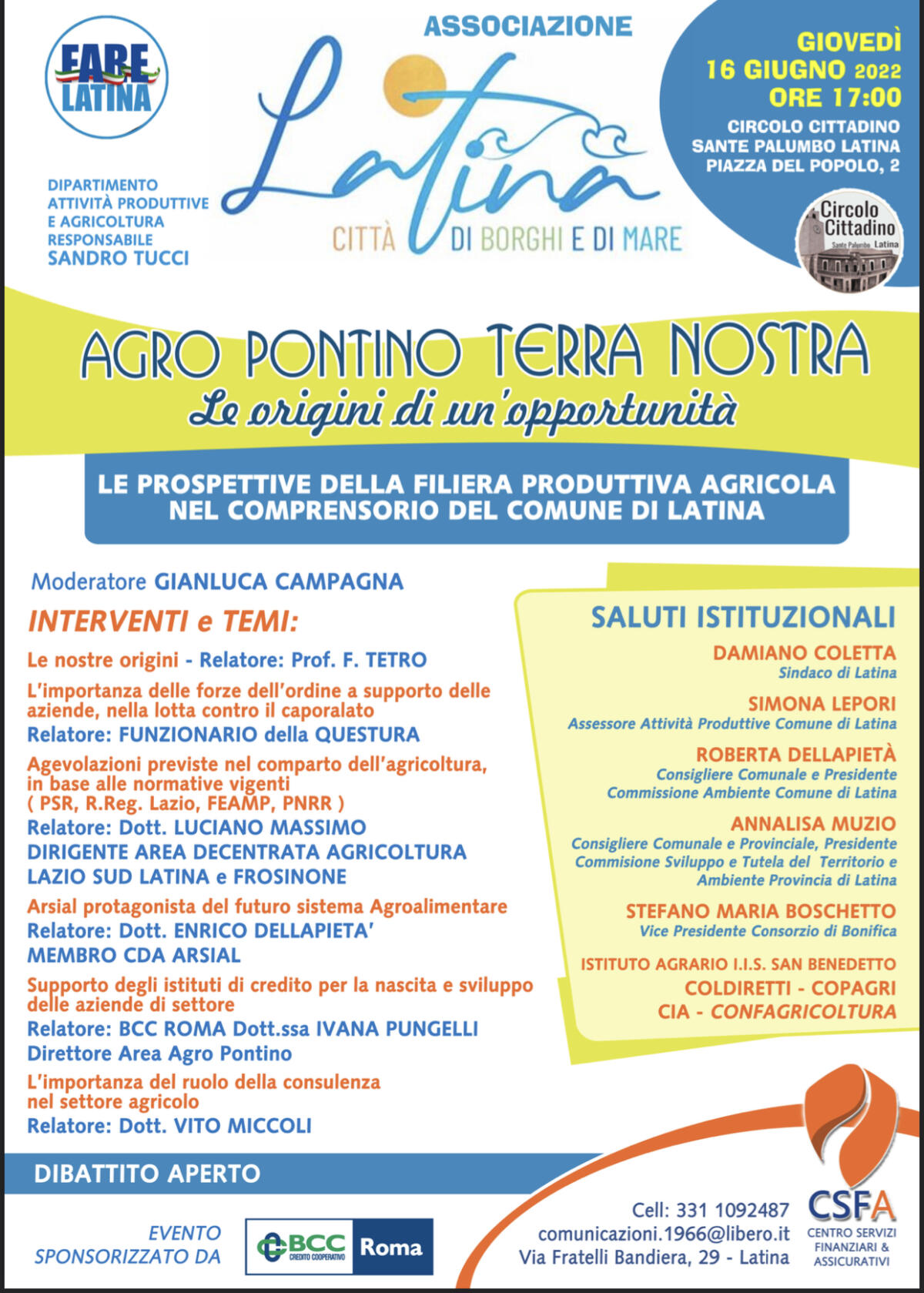 Questo giovedì al Circolo Cittadino di Latina il convegno “Agro pontino terra nostra. Le origini di un’opportunità”. - 