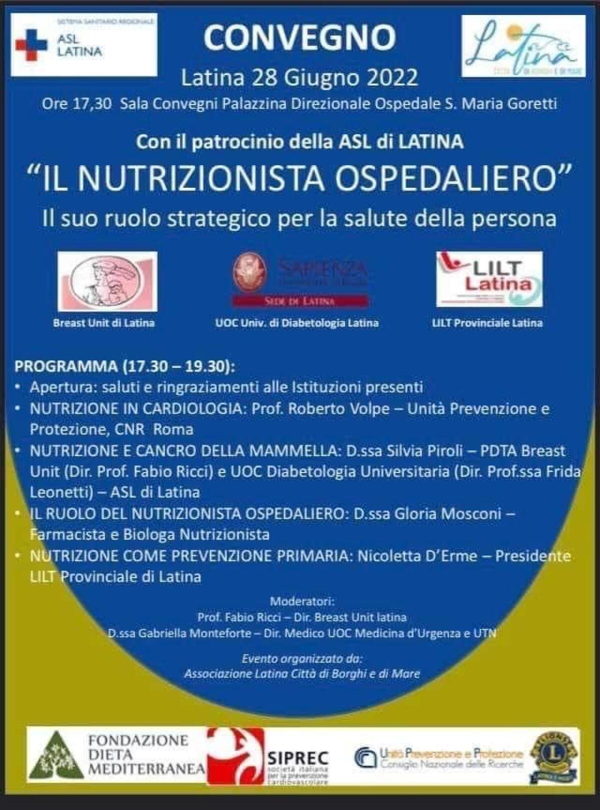 "Il nutrizionista ospedaliero e il suo ruolo strategico per la salute della persona". Il convegno oggi a Latina. - 