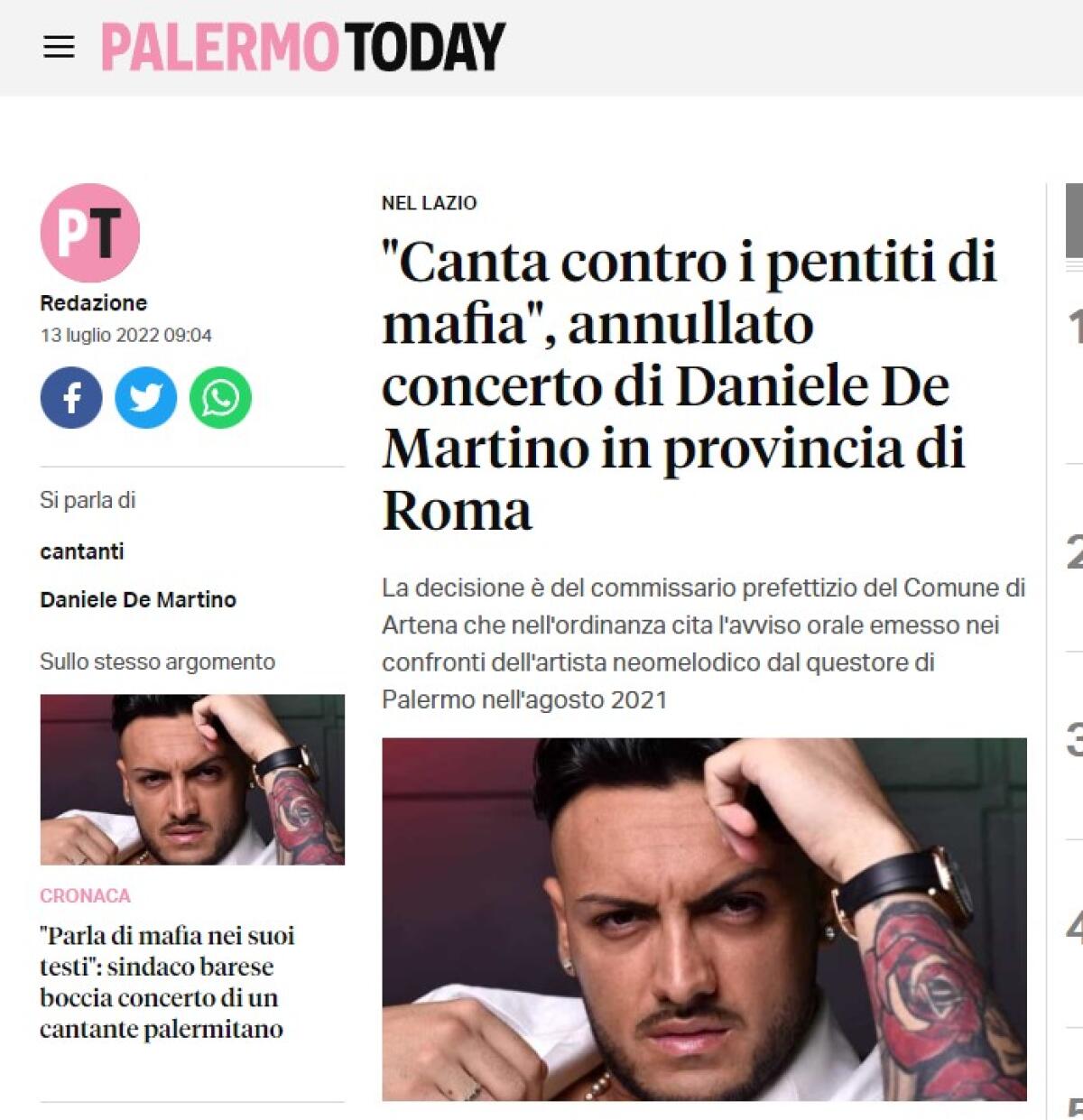 Artena: Palermo Today sull'annullamento del concerto di Daniele De Martino - 
