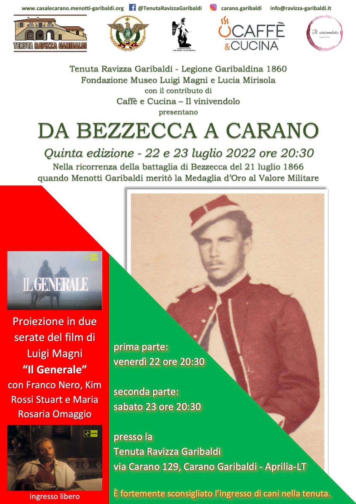 “Da Bezzecca a Carano”: cinema questo fine settimana presso la Tenuta Ravizza Garibaldi di Carano, ad Aprilia. - 