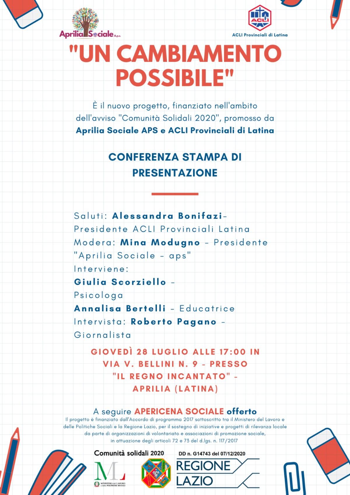 Acli Latina ed Aprilia Sociale presentano oggi il nuovo Progetto solidale “Un cambiamento possibile”. - 