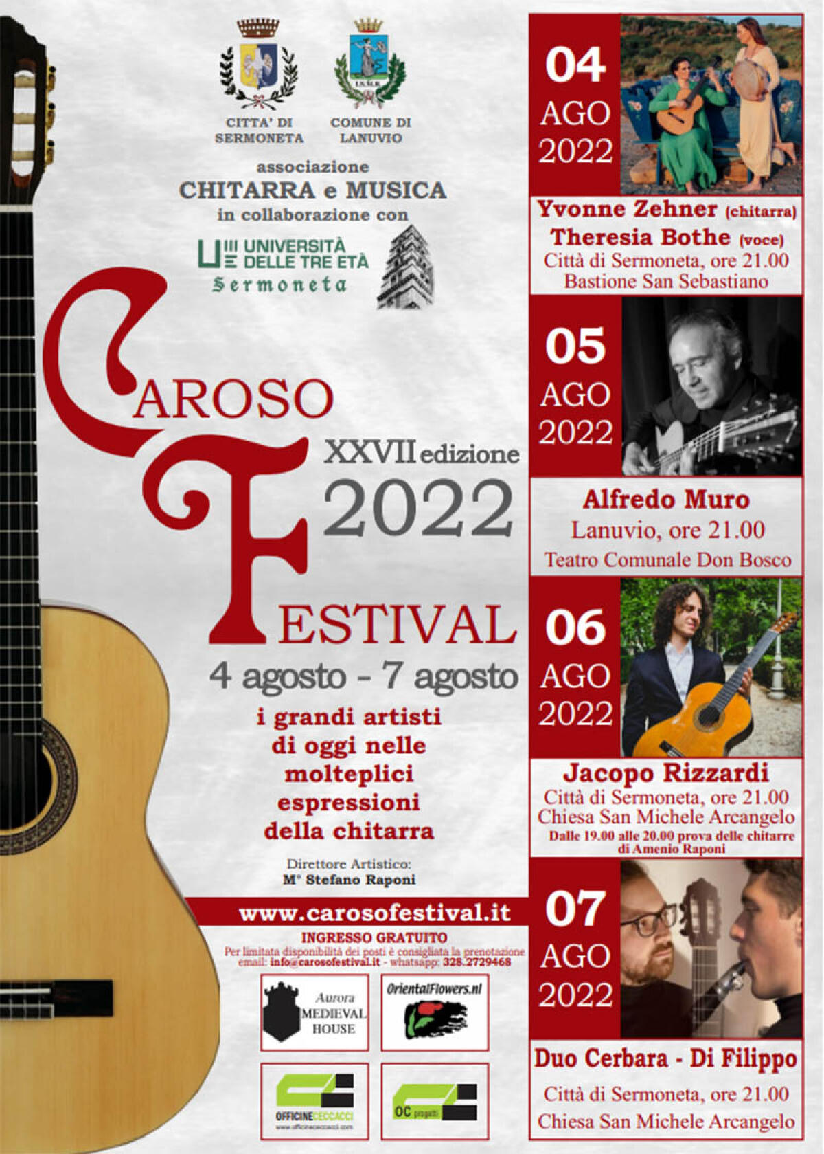 Dal 4 al 7 agosto tra le città di Sermoneta e Lanuvio si svolge la 27esima edizione del “Caroso Festival”, rassegna dedicata alla chitarra. - 
