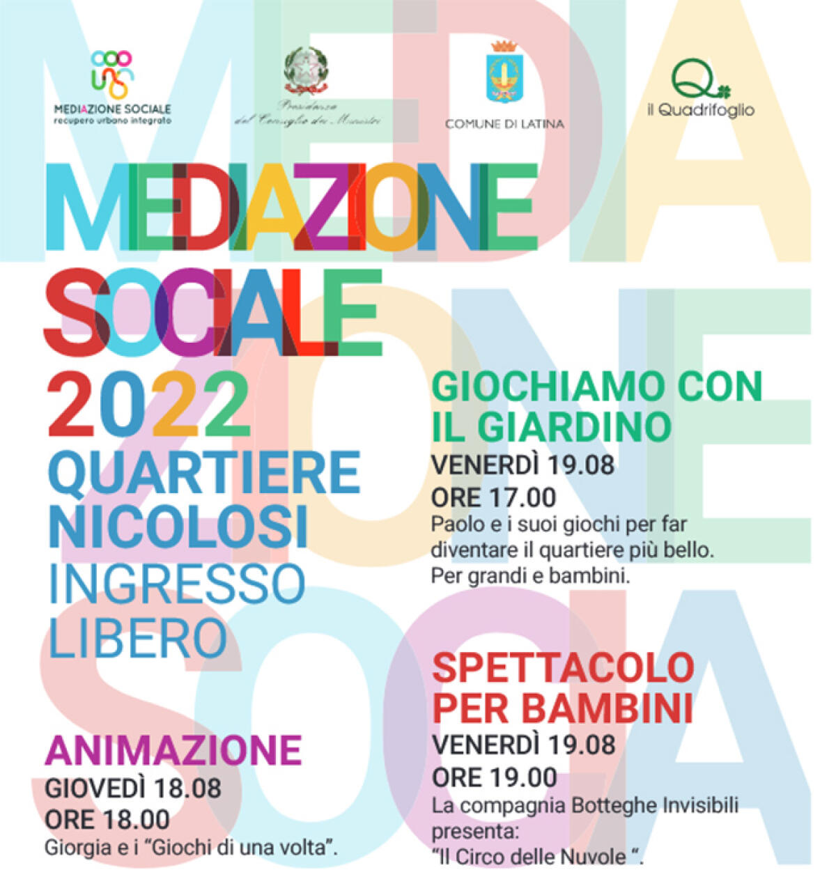 Mediazione Sociale: due giornate di attività ludiche giovedì 18 e venerdì 19 Agosto al quartiere Nicolosi di Latina con la Cooperativa “Il Quadrifoglio”. - 