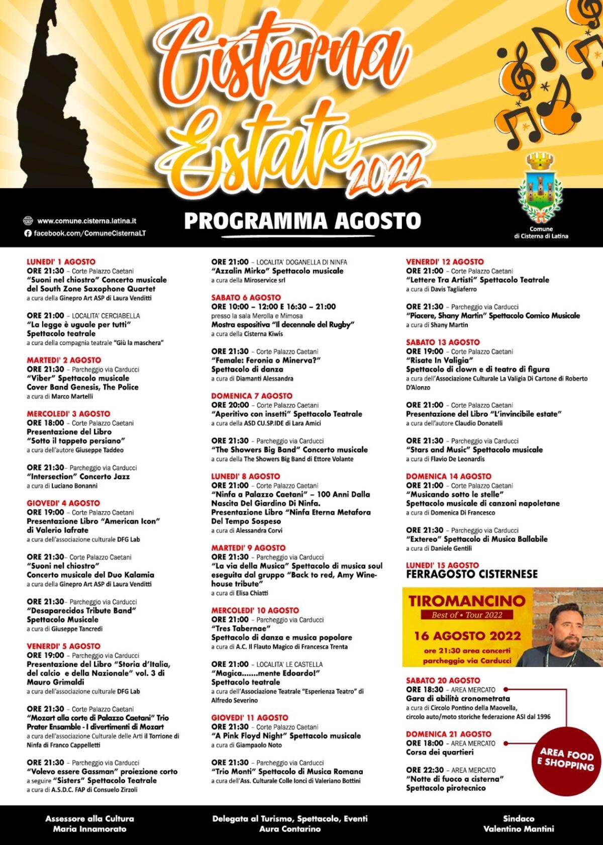 Prosegue il cartellone della rassegna “Cisterna Estate”: martedì 16 agosto il concerto dei Tiromancino. - 