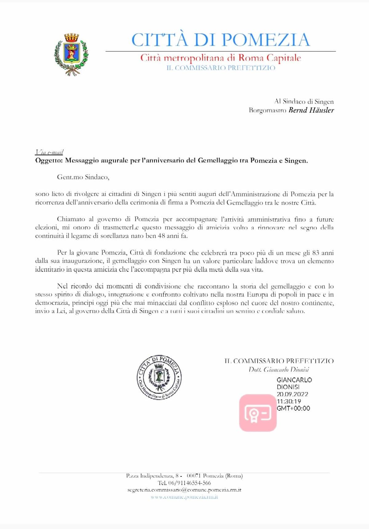 Anniversario del gemellaggio con Singen: il Commissario del Comune di Pomezia, Dionisi, scrive al Sindaco della cittadina tedesca. - 