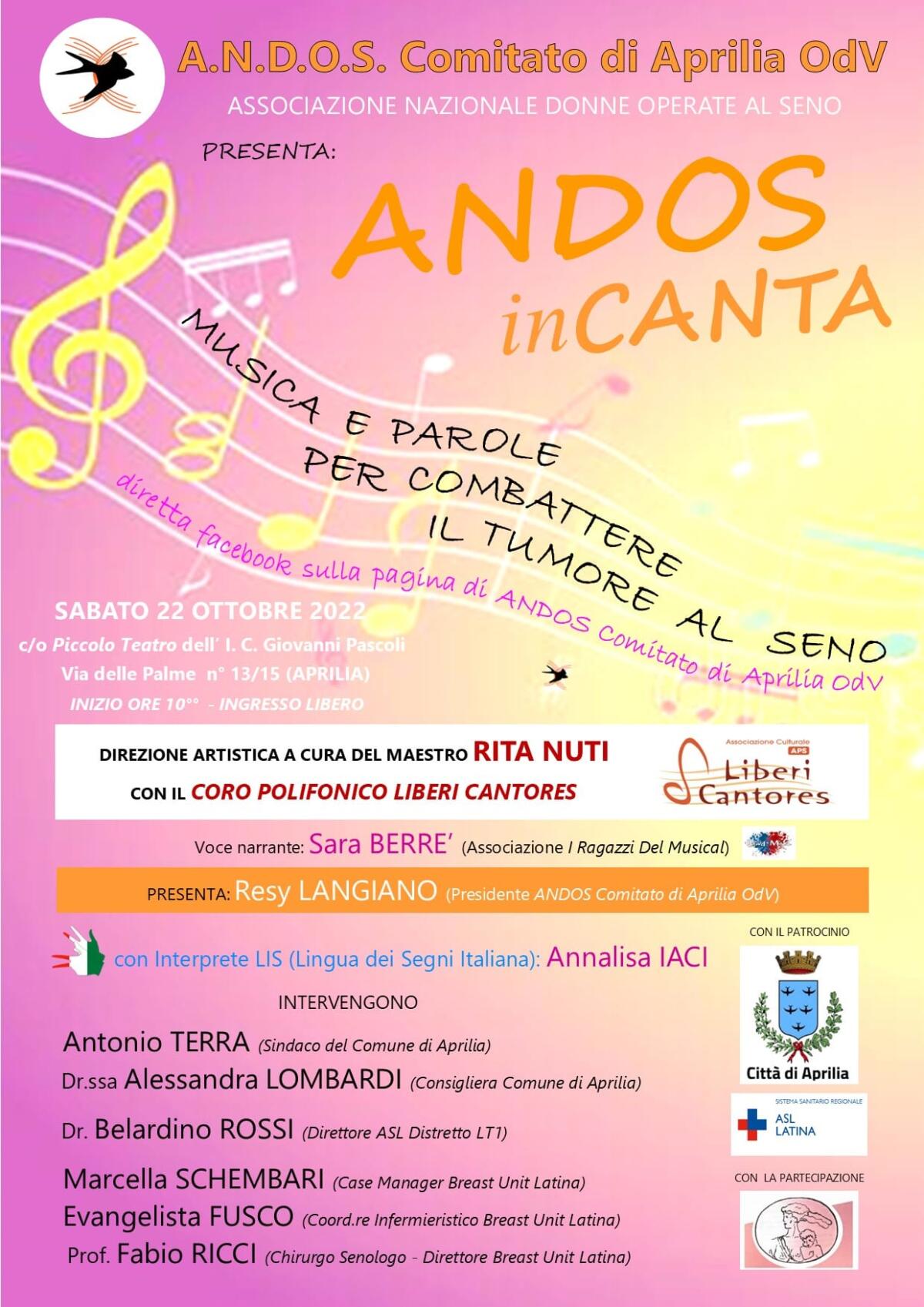 Aprilia - Musica e parole per combattere il tumore al seno con l'Andos - 