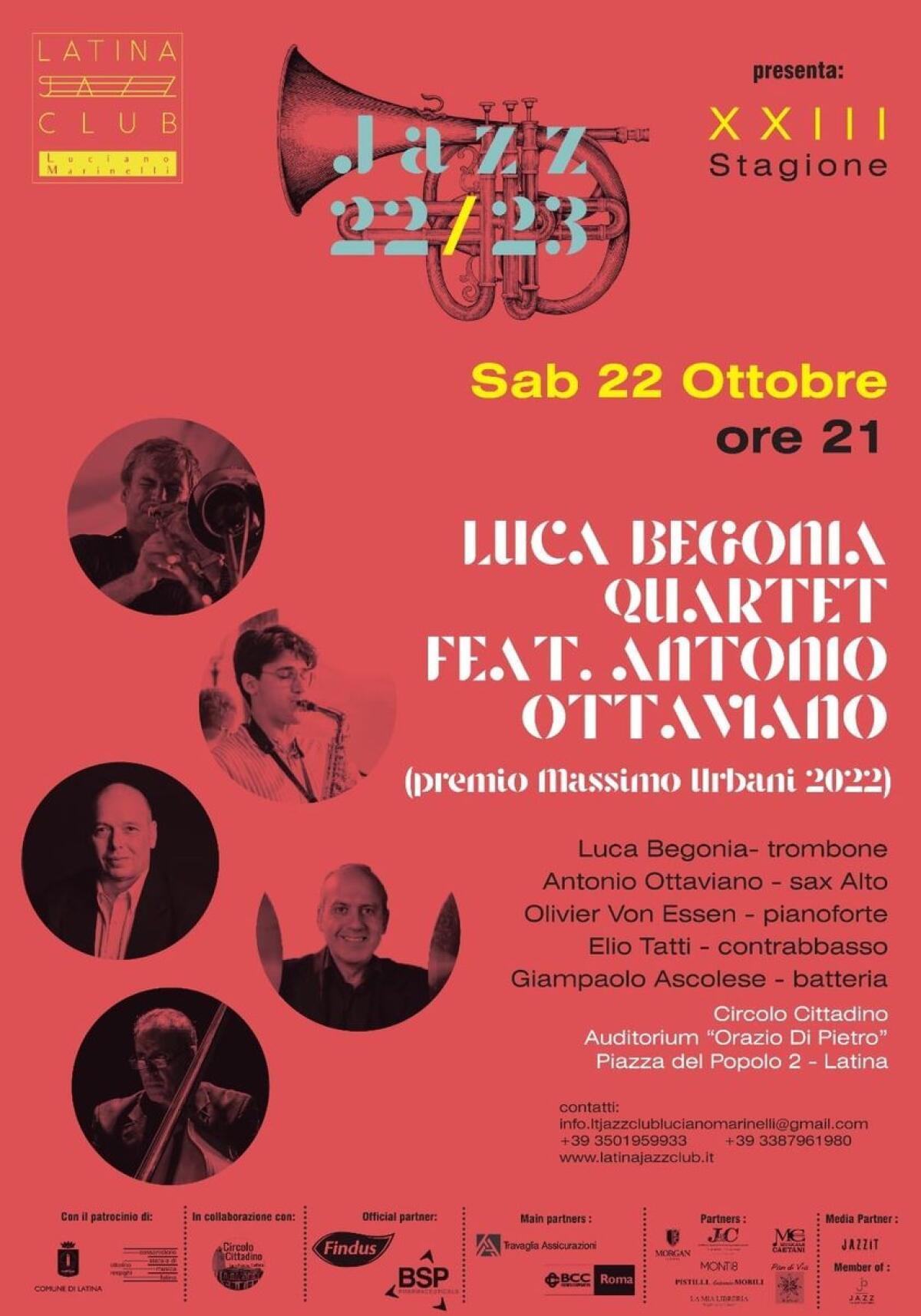 Luca Begonia per il Latina Jazz Club. La sera di sabato 22 ottobre al Circolo cittadino - 