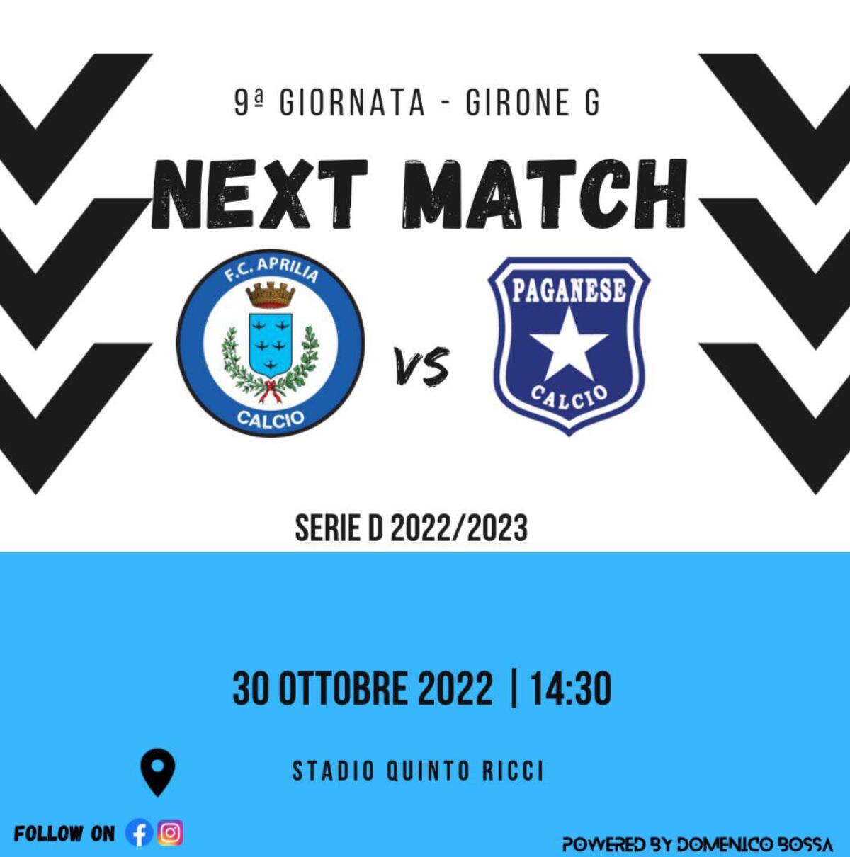 Calcio di serie D, girone G: al “Quinto Ricci” questa domenica il fanalino di coda Aprilia attende la Paganese. - 