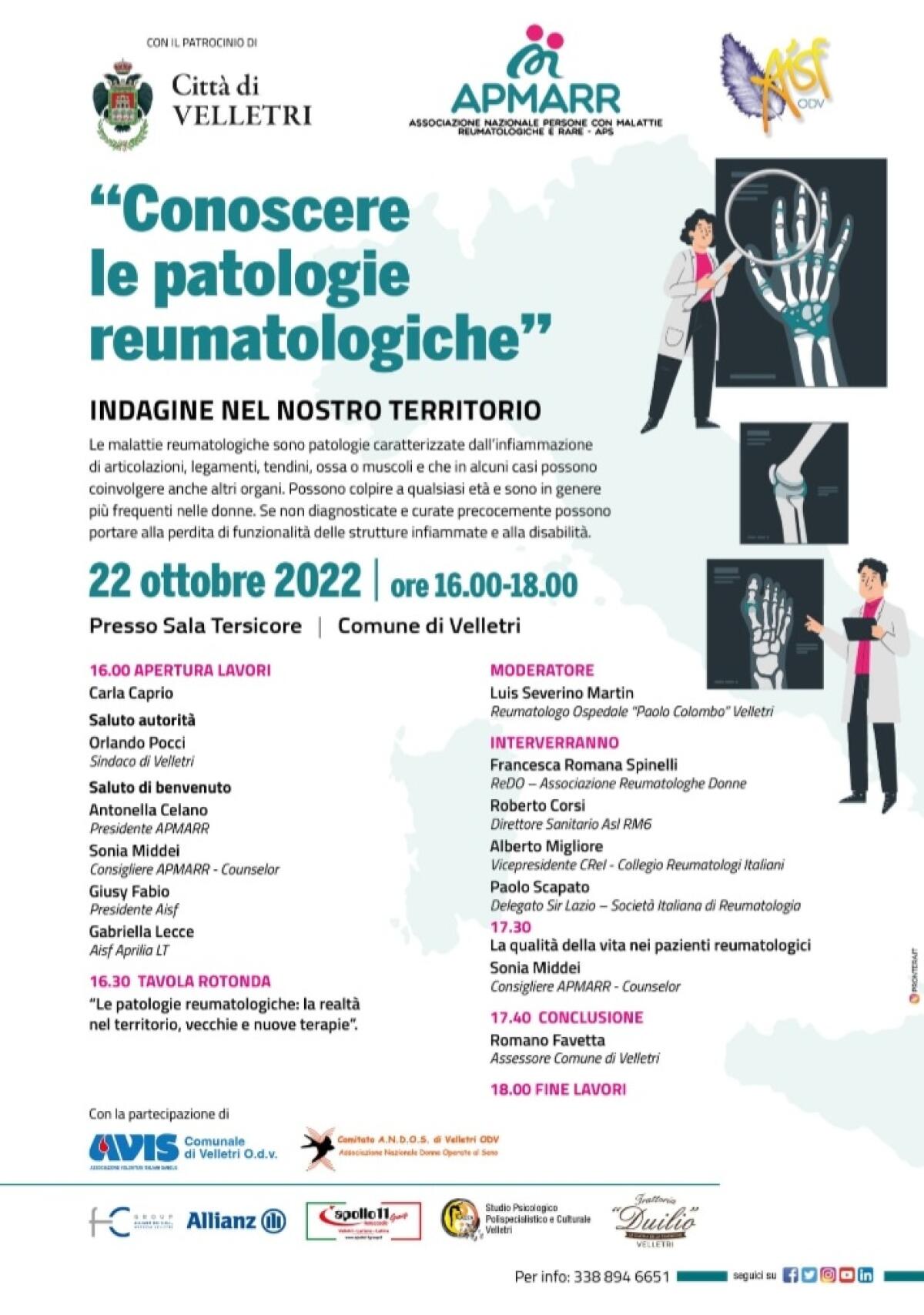 Velletri - "Conoscere le patologie reumatologiche": sabato 22 ottobre il convegno al quale partecipa anche  Aisf Aprilia - 