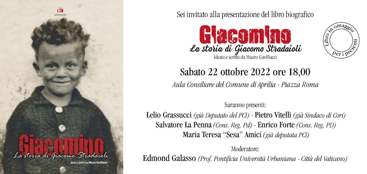 “Giacomino, la storia di Giacomo Stradaioli”: sabato 22 Ottobre ad Aprilia la presentazione del libro di Mauro Gavillucci. - 
