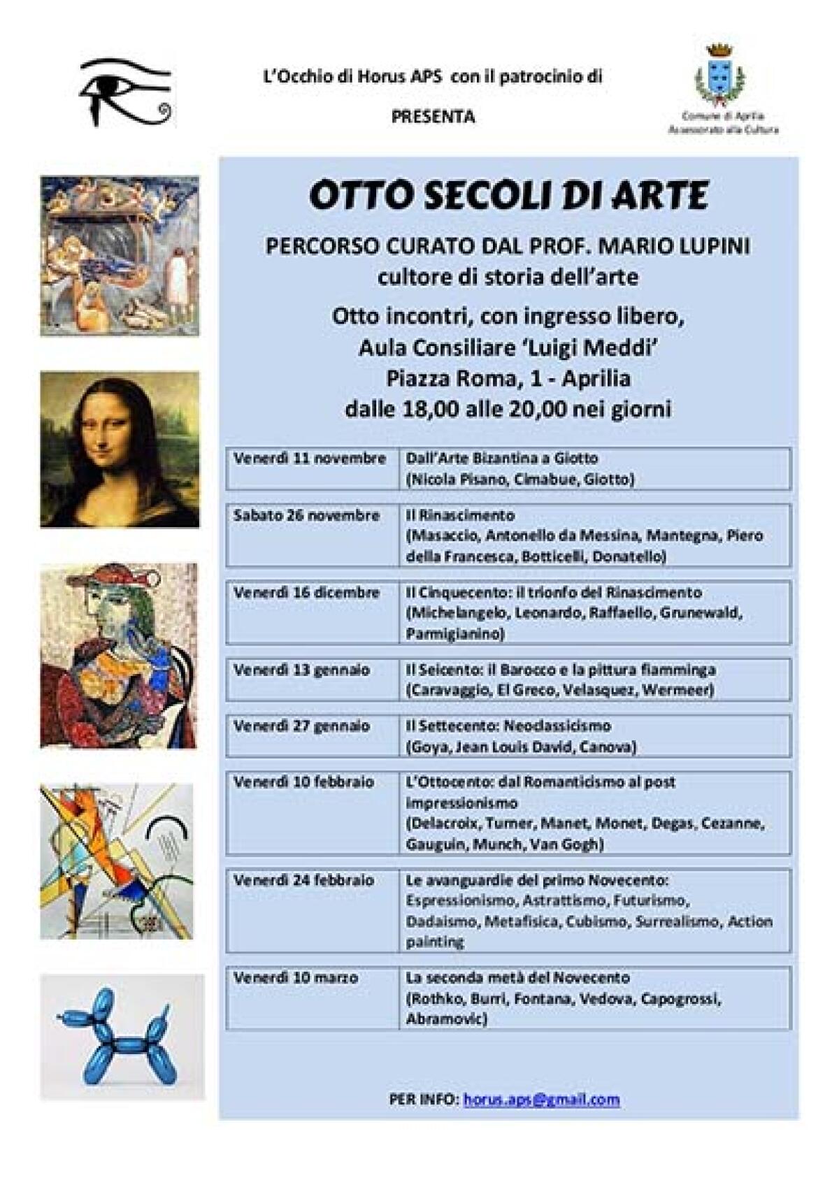 Aprilia - Otto incontri per conoscere otto secoli d'arte, dal Trecento al Secondo dopoguerra con L'Occhio di Horus - 